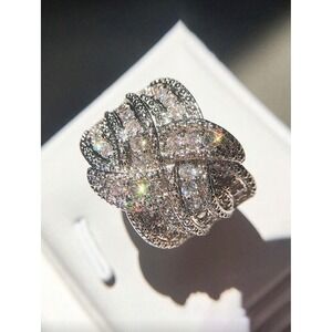 Silver Tone Woven Knot Statement Ring Cubic Zirconia Pave Cocktail Wide Band